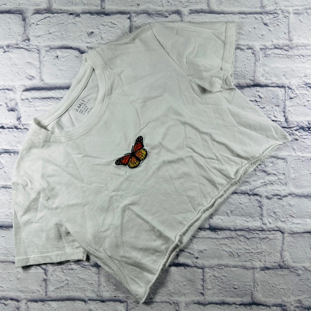 J. Galt White Cropped Butterfly T-Shirt Monarch Embroidery One Size Small USA